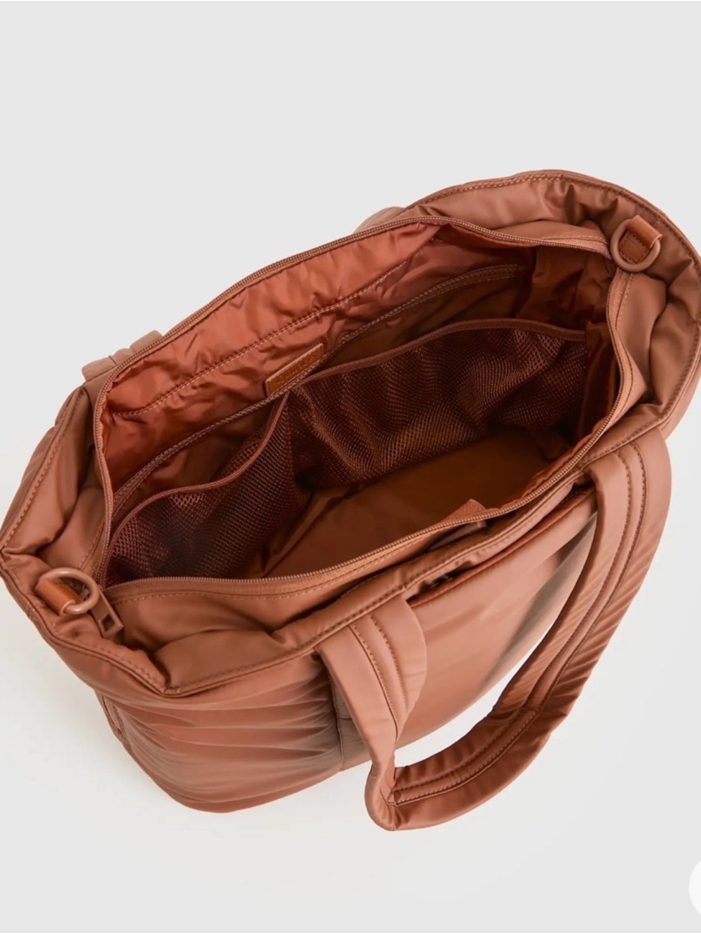 Quince Water Repellent Puff Expandable Tote with luggage sleeve in brown - Picture 6 of 8